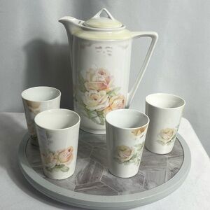 Vintage Three Crown China Rose Pitcher & 4 Cup Set Germany Gold Trim 1920's